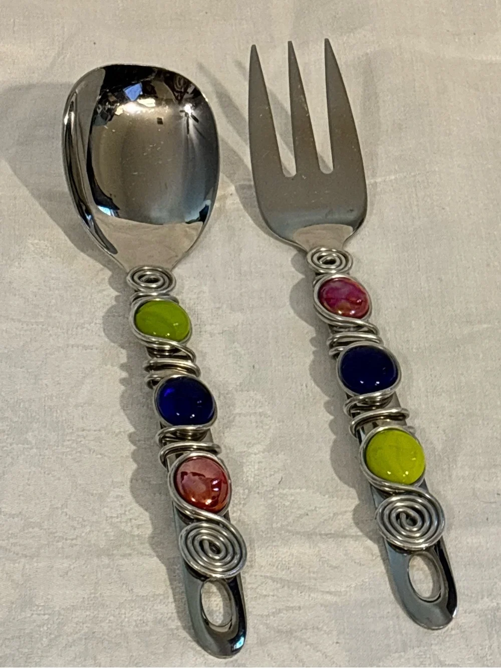 Oneida Stainless Salad Serving Spoon Fork Set Colorful Glass Wire Y2K